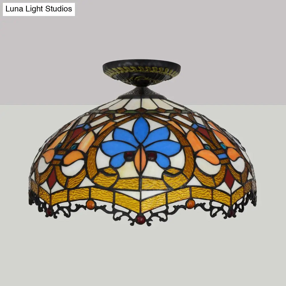 12"/16" W Baroque Scalloped Flush Mount Ceiling Lamp - Handcrafted Stained Glass, 1 Bulb, Black