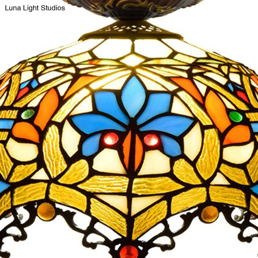 12"/16" W Baroque Scalloped Flush Mount Ceiling Lamp - Handcrafted Stained Glass, 1 Bulb, Black