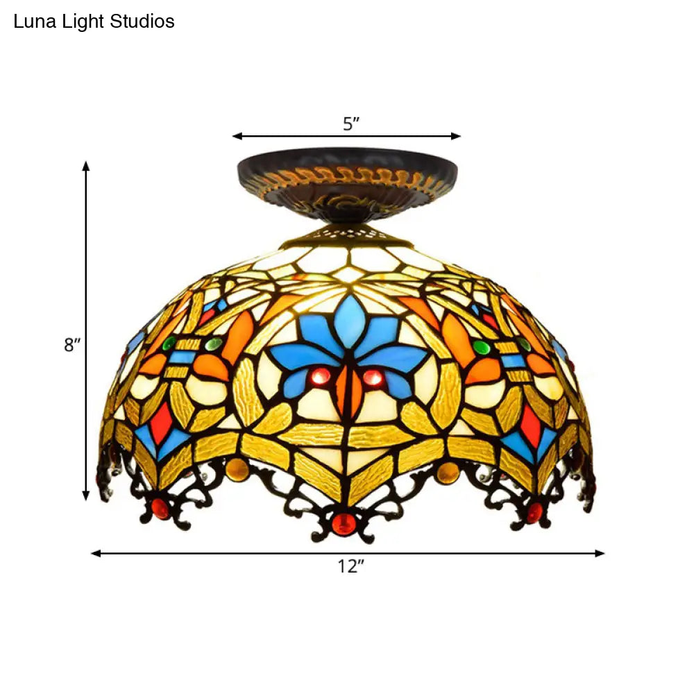 12"/16" W Baroque Scalloped Flush Mount Ceiling Lamp - Handcrafted Stained Glass, 1 Bulb, Black