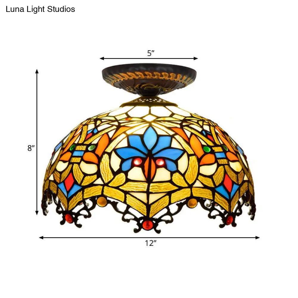 12"/16" W Baroque Scalloped Flush Mount Ceiling Lamp - Handcrafted Stained Glass, 1 Bulb, Black
