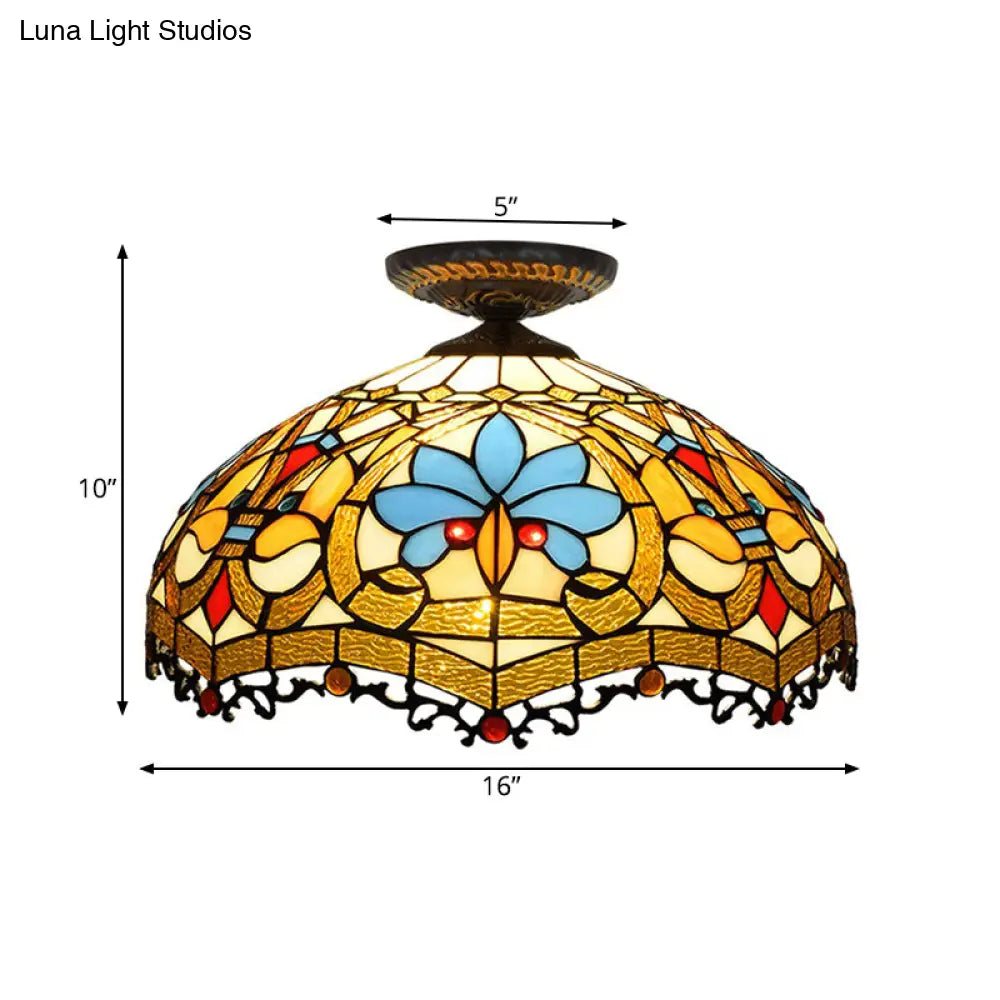 12"/16" W Baroque Scalloped Flush Mount Ceiling Lamp - Handcrafted Stained Glass, 1 Bulb, Black