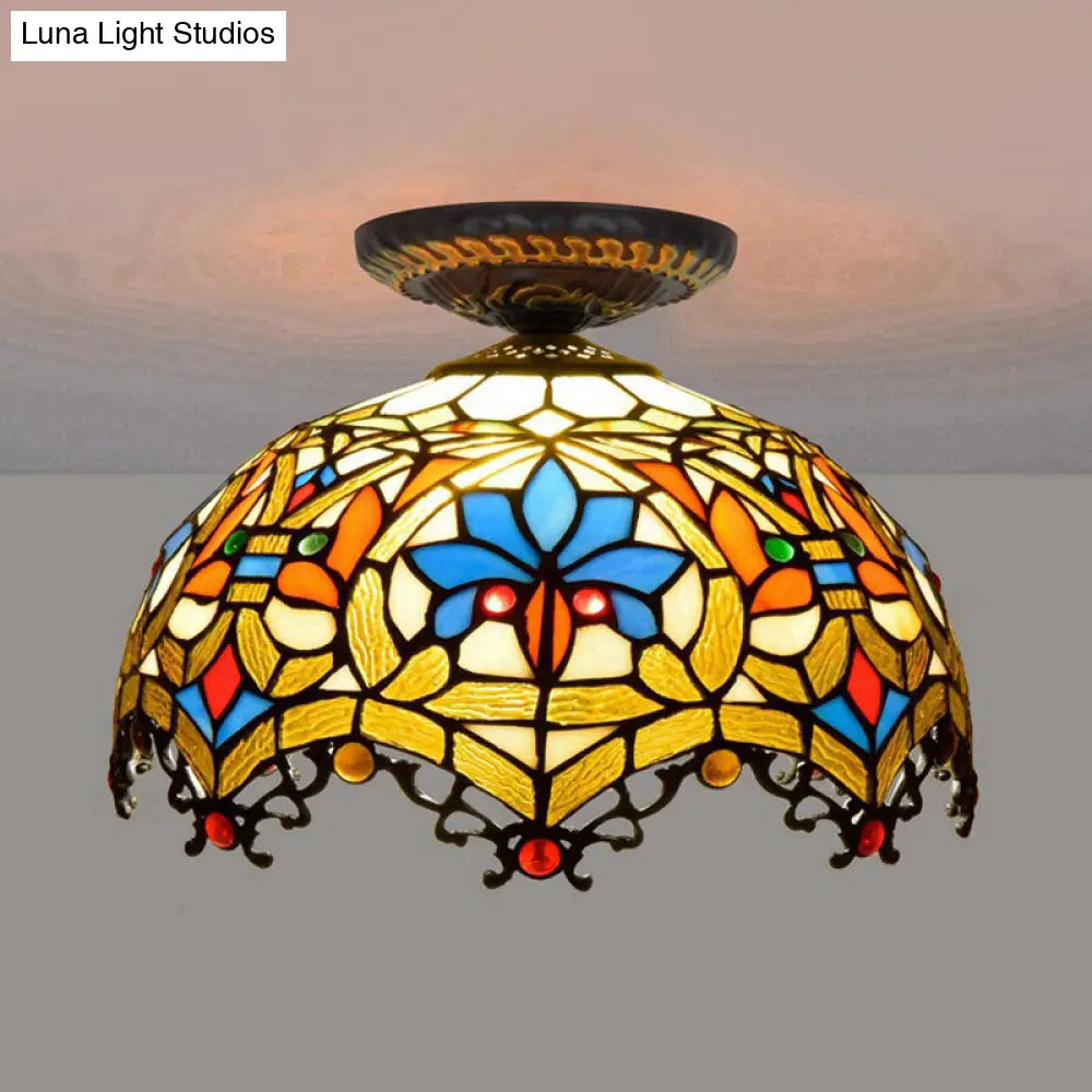 12"/16" W Baroque Scalloped Flush Mount Ceiling Lamp - Handcrafted Stained Glass, 1 Bulb, Black