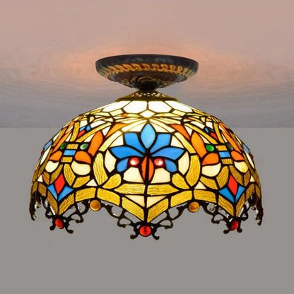 DecorBites™ DecorBites™ 12"/16" W Baroque Scalloped Flush Mount Ceiling Lamp - Handcrafted Stained Glass, 1 Bulb, Black