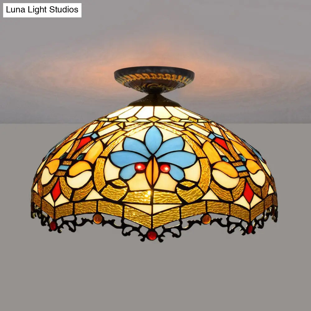 12"/16" W Baroque Scalloped Flush Mount Ceiling Lamp - Handcrafted Stained Glass, 1 Bulb, Black