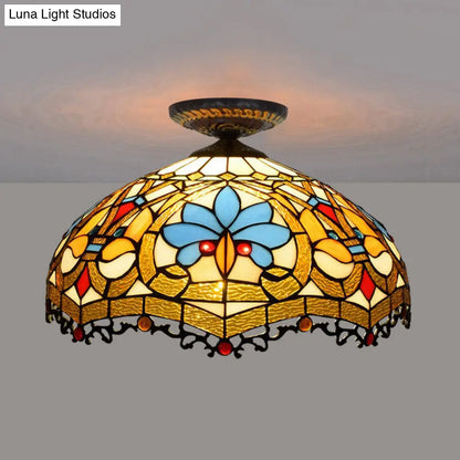 DecorBites™ DecorBites™ 12"/16" W Baroque Scalloped Flush Mount Ceiling Lamp - Handcrafted Stained Glass, 1 Bulb, Black