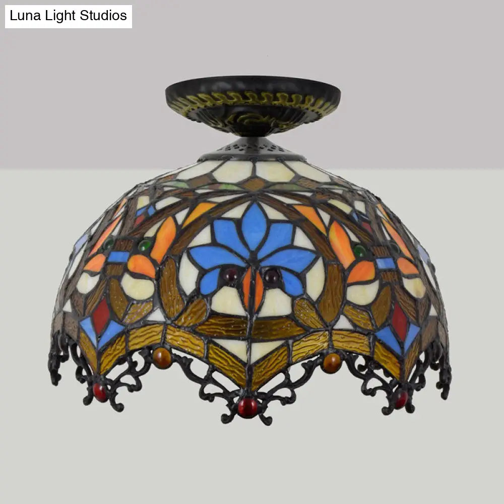 12"/16" W Baroque Scalloped Flush Mount Ceiling Lamp - Handcrafted Stained Glass, 1 Bulb, Black