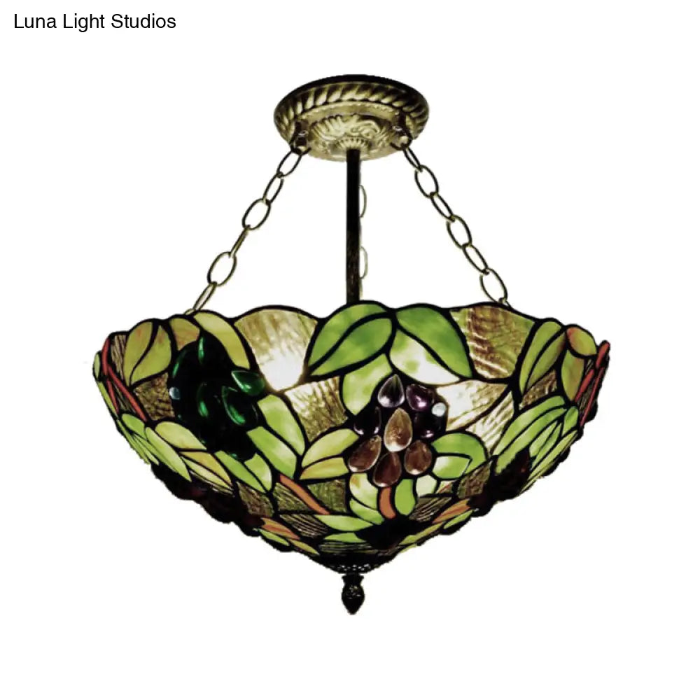 12"/16" W Inverted Semi Flush Light: Stained Glass Bowl Shade, Green