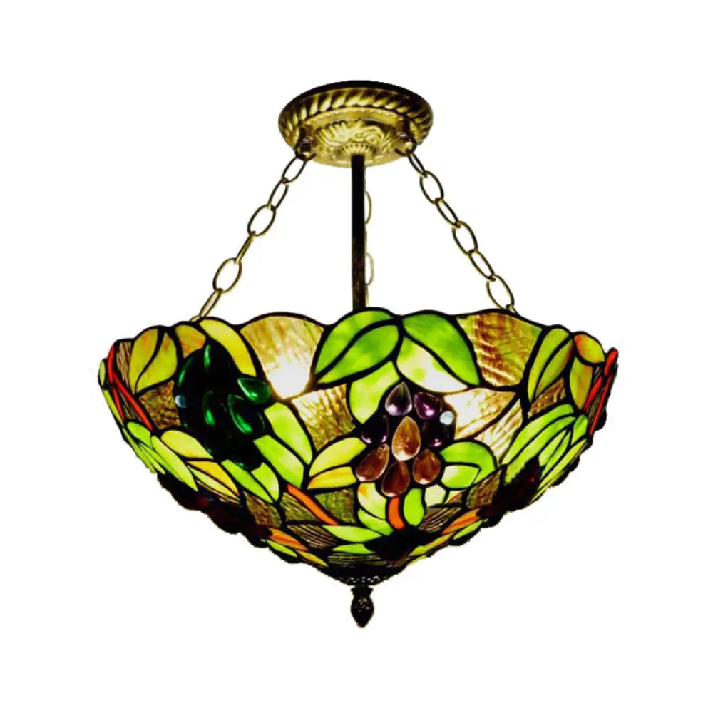 12"/16" W Inverted Semi Flush Light: Stained Glass Bowl Shade, Green