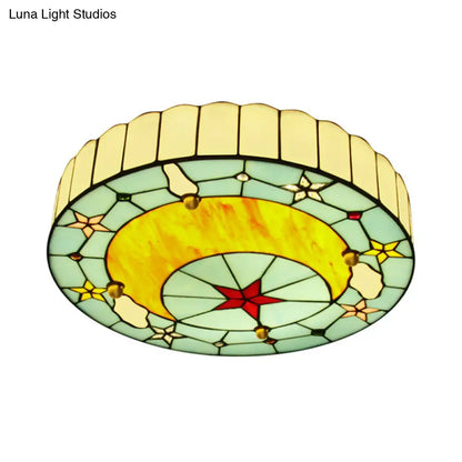 DecorBites™ DecorBites™ 12"/16" W Moon Flush Ceiling Light: Modern Tiffany Stained Glass Semi Flush Mount in Blue