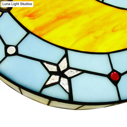DecorBites™ DecorBites™ 12"/16" W Moon Flush Ceiling Light: Modern Tiffany Stained Glass Semi Flush Mount in Blue