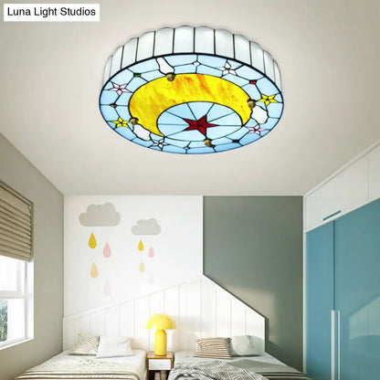 DecorBites™ DecorBites™ 12"/16" W Moon Flush Ceiling Light: Modern Tiffany Stained Glass Semi Flush Mount in Blue