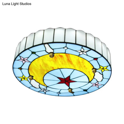 DecorBites™ DecorBites™ 12"/16" W Moon Flush Ceiling Light: Modern Tiffany Stained Glass Semi Flush Mount in Blue