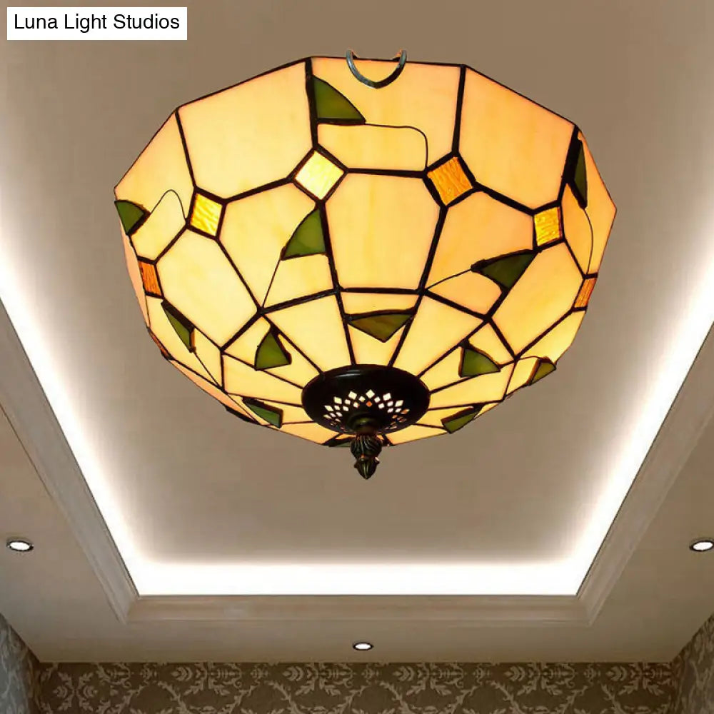 12"/16" White Dome Tiffany Ceiling Lamp - Multicolored Stained Glass, 2/3 Bulbs, Flush Mount Lighting