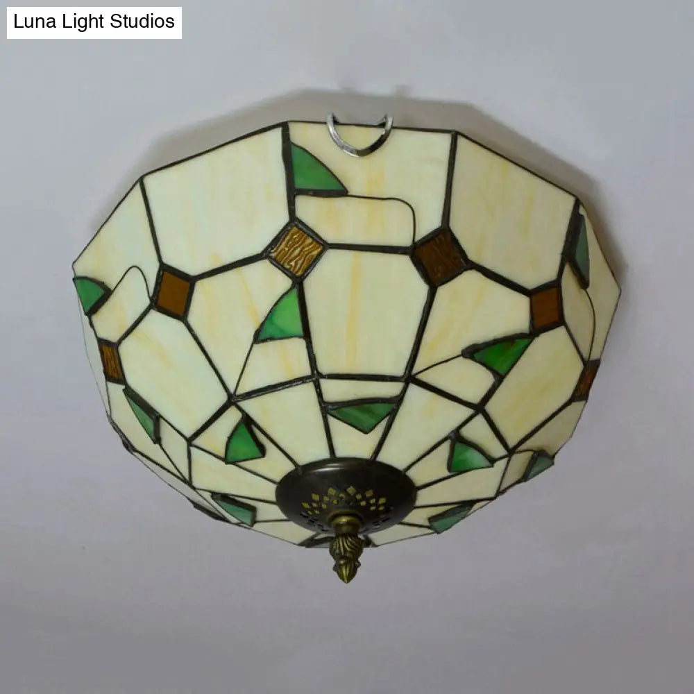 12"/16" White Dome Tiffany Ceiling Lamp - Multicolored Stained Glass, 2/3 Bulbs, Flush Mount Lighting