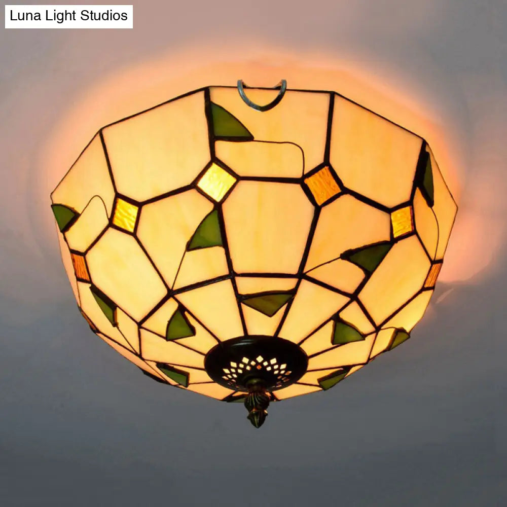 12"/16" White Dome Tiffany Ceiling Lamp - Multicolored Stained Glass, 2/3 Bulbs, Flush Mount Lighting