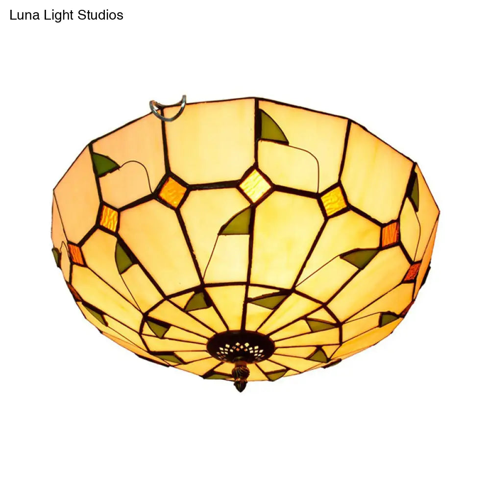 12"/16" White Dome Tiffany Ceiling Lamp - Multicolored Stained Glass, 2/3 Bulbs, Flush Mount Lighting