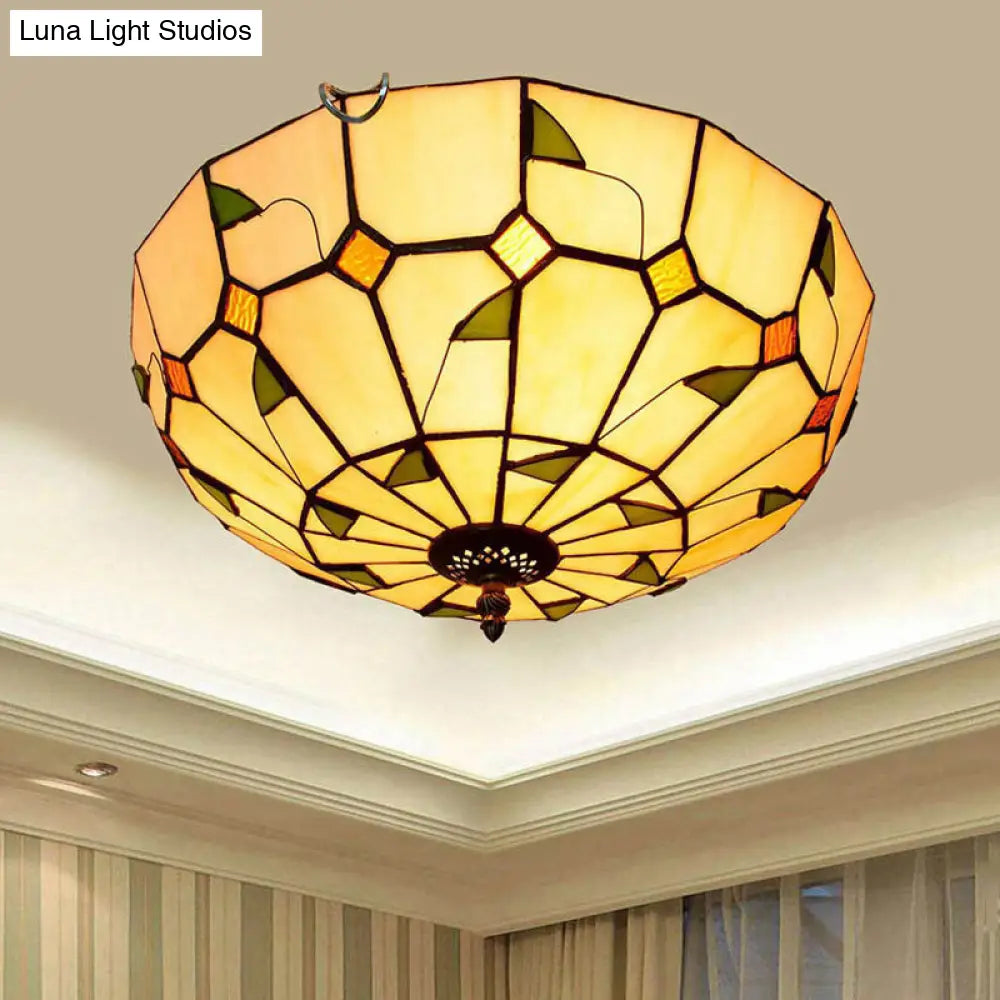12"/16" White Dome Tiffany Ceiling Lamp - Multicolored Stained Glass, 2/3 Bulbs, Flush Mount Lighting