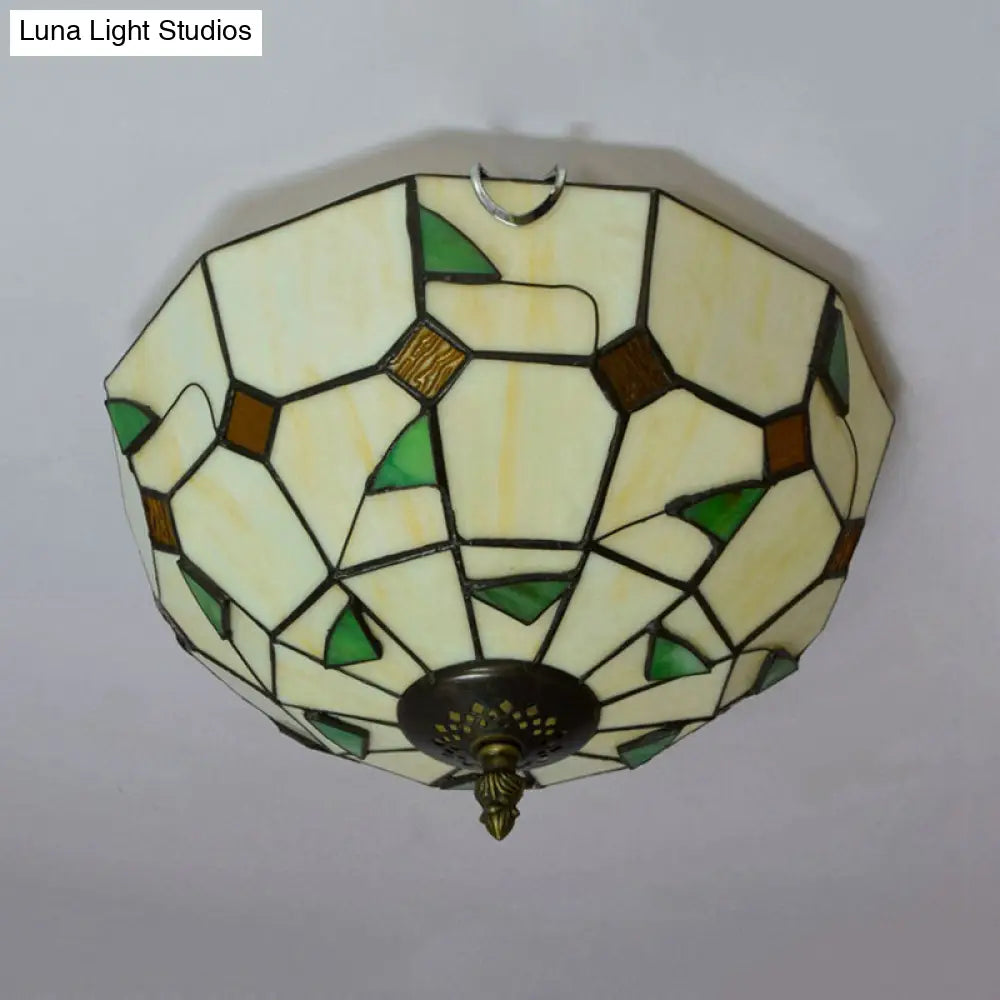 12"/16" White Dome Tiffany Ceiling Lamp - Multicolored Stained Glass, 2/3 Bulbs, Flush Mount Lighting