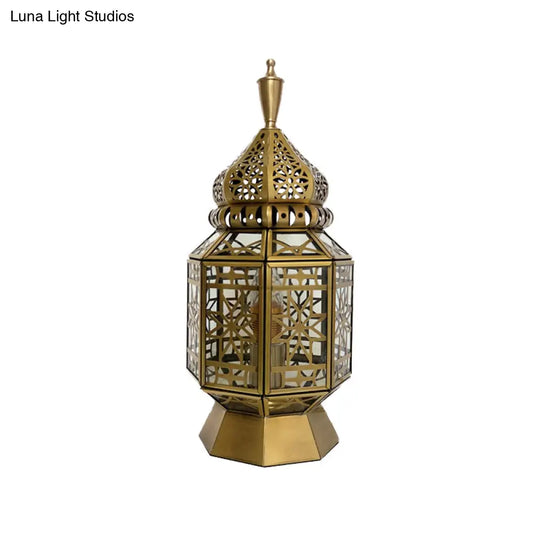 12.5"/14" Wide Brass Table Lamp - Antiqued Lantern Metallic Nightstand Light for Bedroom