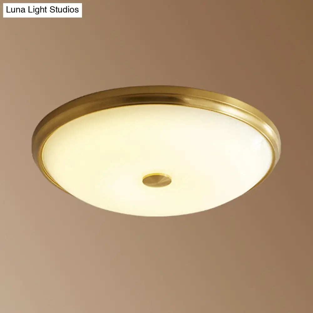 12.5"/16" Diameter Antiqued Gold LED Flush Mount Ceiling Light - Simplicity White Glass Bowl - Bedroom Lighting