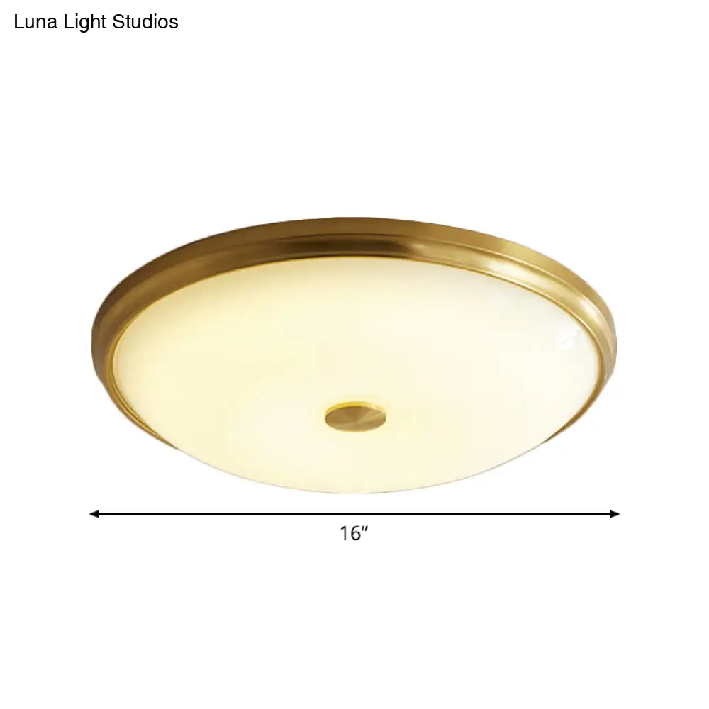12.5"/16" Diameter Antiqued Gold LED Flush Mount Ceiling Light - Simplicity White Glass Bowl - Bedroom Lighting