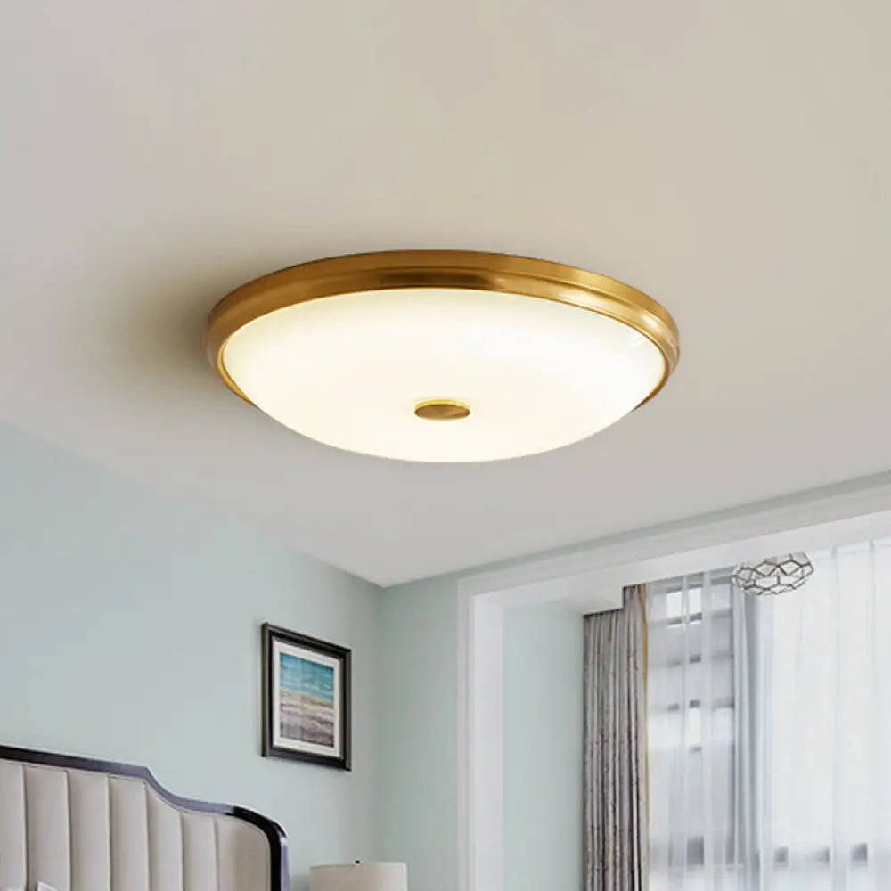 12.5"/16" Diameter Antiqued Gold LED Flush Mount Ceiling Light - Simplicity White Glass Bowl - Bedroom Lighting