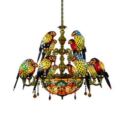 DecorBites™ 12 Arms Parrot Suspension Light Rustic Stained Glass Chandelier Light with Center Bowl in Yellow