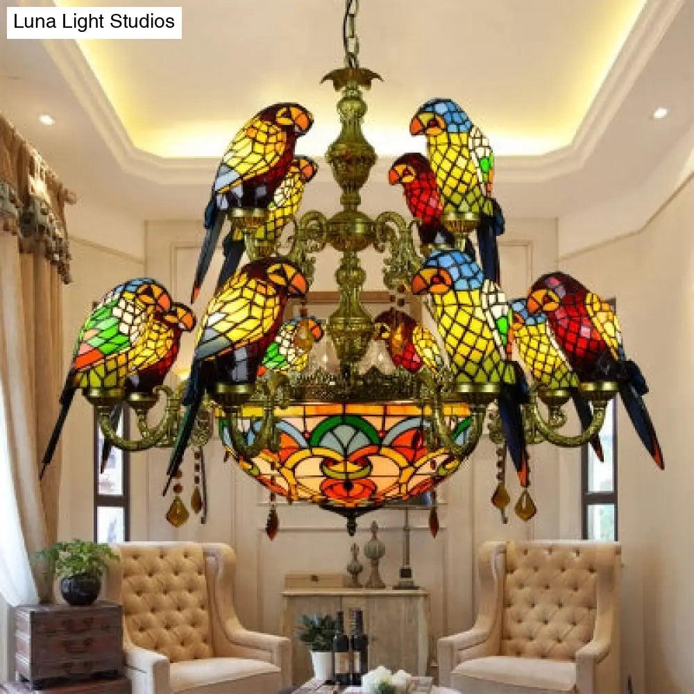 12 Arms Parrot Suspension Light Rustic Stained Glass Chandelier Light with Center Bowl in Yellow