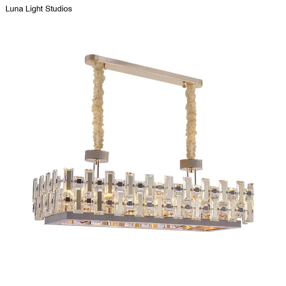 12-Bulb Gold Island Light with Clear Crystal Blocks – Contemporary Rectangular Hanging Lamp