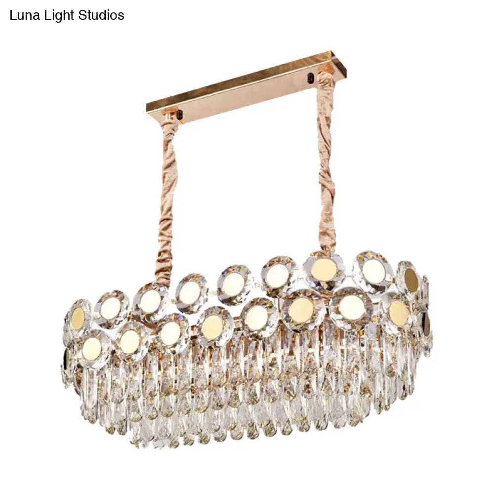 12-Head Gold Suspension Lighting Fixture: Oval Faceted Crystal Island Pendant, Postmodern Design