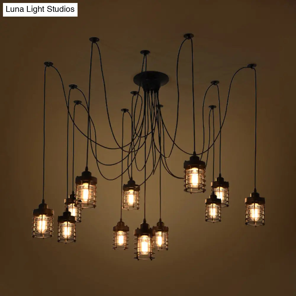 12-Head Swag Pendant Lamp for Farmhouse Bedroom - Multi Light Ceiling Fixture with Black Iron Cage