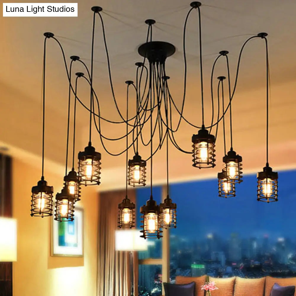 12-Head Swag Pendant Lamp for Farmhouse Bedroom - Multi Light Ceiling Fixture with Black Iron Cage