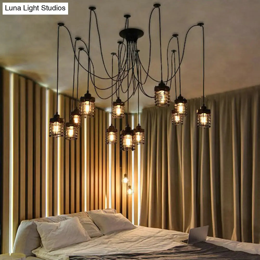 12-Head Swag Pendant Lamp for Farmhouse Bedroom - Multi Light Ceiling Fixture with Black Iron Cage