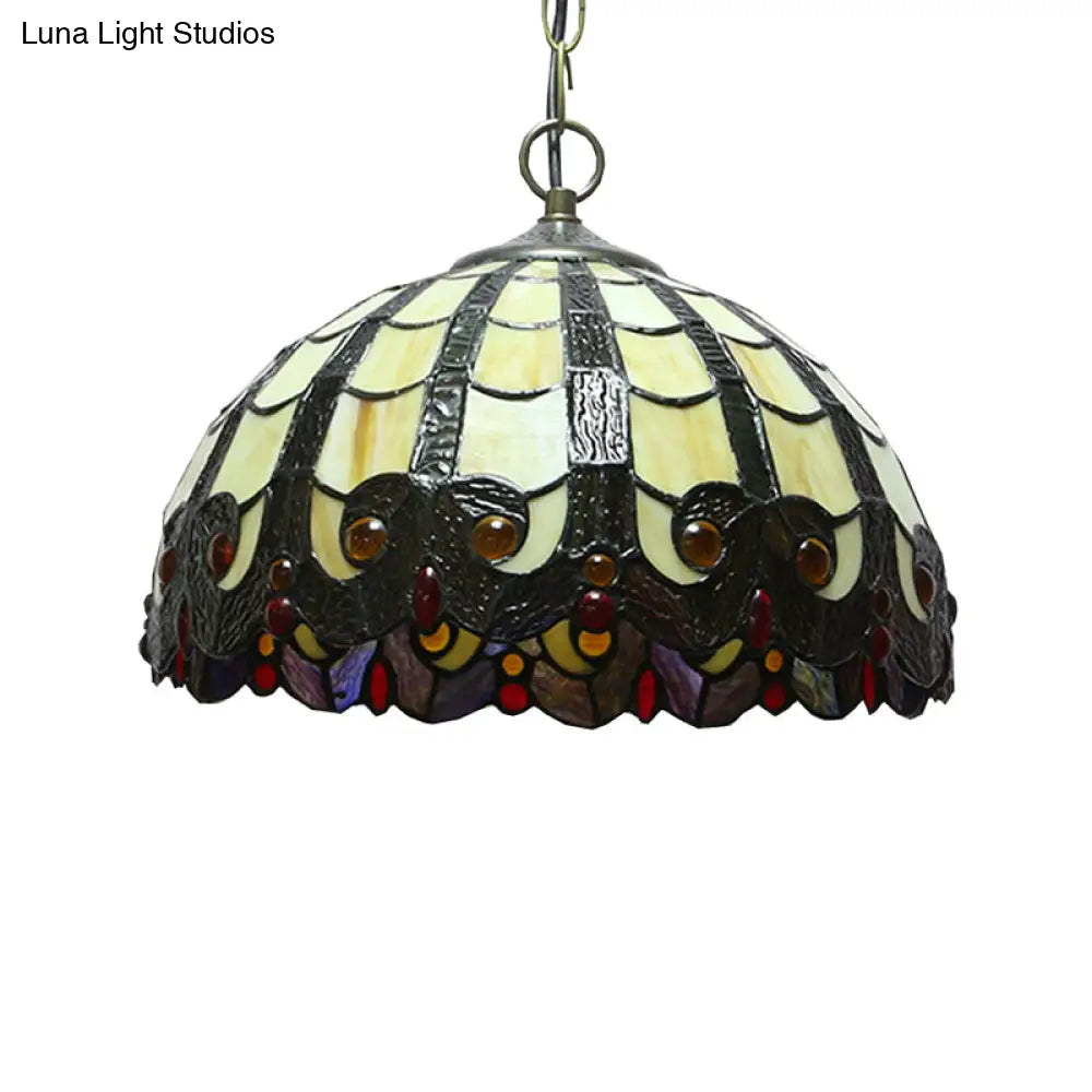 12" W Stained Glass Tiffany Pendant Lamp - Adjustable Ceiling Lighting for Dining Room - Beige