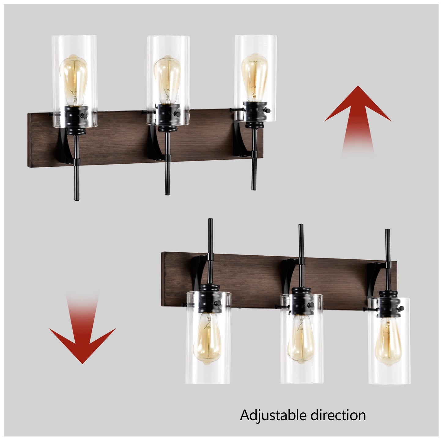 Luminarias de baño de 3 luces en color negro mate y madera, luces modernas para tocador con pantalla de vidrio, luminaria vintage para baño sobre el espejo, luces de pared para cocina, comedor, dormitorio y pasillo