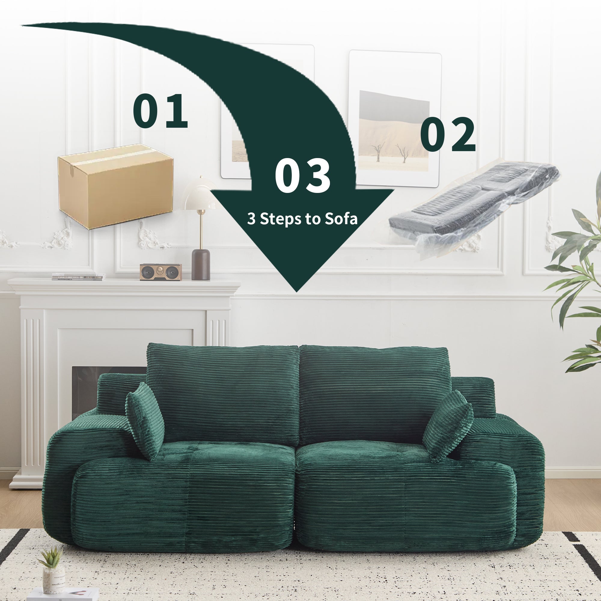 Sofá Moderno de Espuma de Memoria Comprimida, Sofá Seccional Grande de 2 Plazas para Sala de Estar, Sofá Seccional Modular Nube Amigable con Mascotas, Tela de Corduroy, Loveseat Extra Profundo, Sin Ensamblaje Requerido, Verde