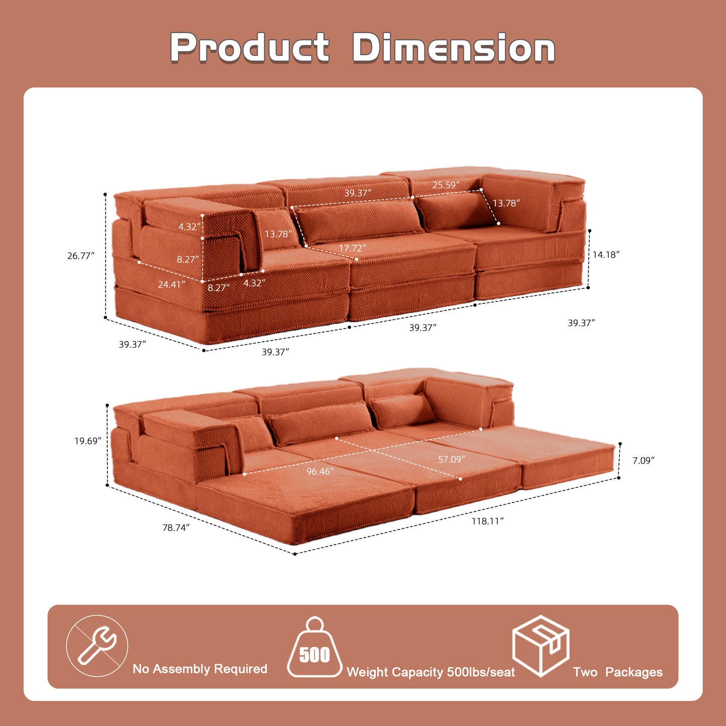 Compression Mahjong Sofa,Convertible Floor Sofa Bed,DIY Boneless Modular Sectional Sofa,No Assembly Required,Circle Fleece Fabric,Oversized 3 Seater With 3 Pillows,Orange