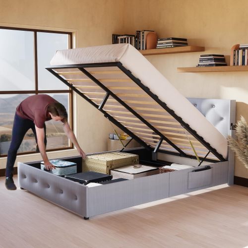 Gray Upholstered Storage Bed