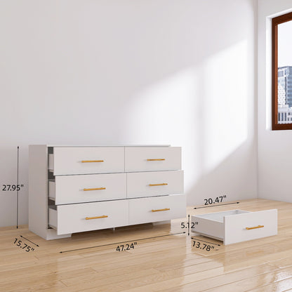White Color Large 6 Drawers Chest Of Drawer Dressers Table With Golden Handle