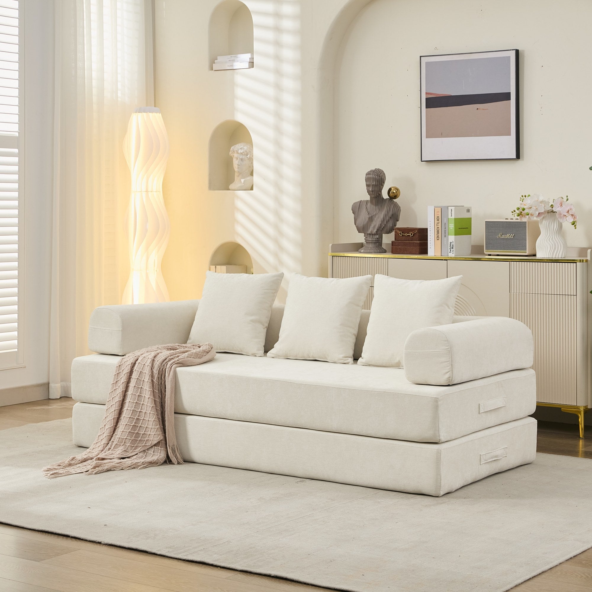 Cómodo Sofá Cama Plegable Convertible, Sofá Cama para el Suelo, Sofá de Suelo de Chenilla con Reposabrazos, Sofá Lounge para el Suelo para Sala de Estar, Dormitorio, Sala de Estar o Estudio-Beige