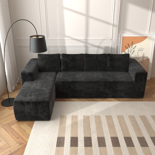 Sofá Seccional Cloud con Chaise en Forma de L, Sofá Modular Moderno con Asiento Profundo, Sofás Tapizados con Chaise Orientado a la Derecha para Sala de Estar o Dormitorio, Sin Ensamblaje Requerido, Tela de Terciopelo Negro Suave