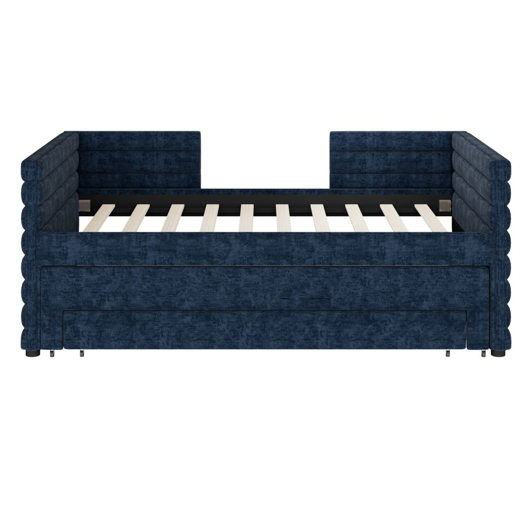 Cama de Día Tapizada de Tamaño Individual con Trundle y 3 Cajones de Almacenamiento, Sofá Cama de Tela Chenille para Habitación de Invitados, Sala de Estar, Marco de Cama de Día Moderno Ahorra Espacio, No Se Requiere Resorte de Caja