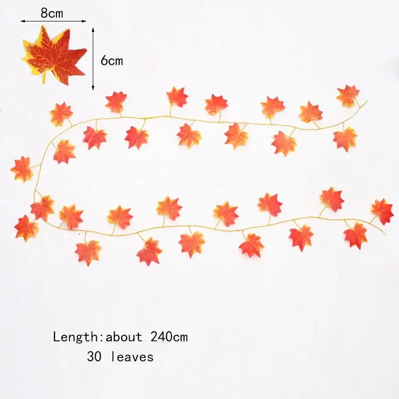 A decorative string of 30 artificial maple leaves in orange and red complements decorbites 12pcs ivy green garland string