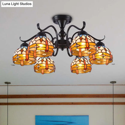 ديكور بايتس™ مصباح سقف شبه مدمج على شكل يعسوب مقاس 13 بوصة/19.5 بوصة مع زجاج مقطوع بتصميم البحر الأبيض المتوسط ​​باللون الأسود - 6 مصابيح