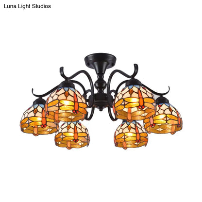 ديكور بايتس™ مصباح سقف شبه مدمج على شكل يعسوب مقاس 13 بوصة/19.5 بوصة مع زجاج مقطوع بتصميم البحر الأبيض المتوسط ​​باللون الأسود - 6 مصابيح