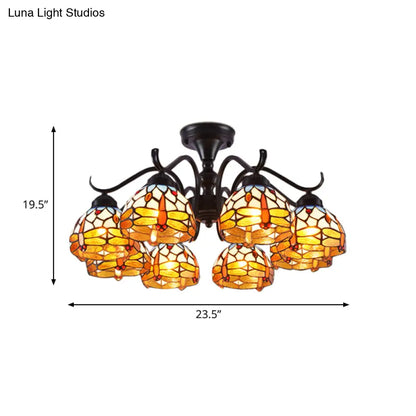 ديكور بايتس™ مصباح سقف شبه مدمج على شكل يعسوب مقاس 13 بوصة/19.5 بوصة مع زجاج مقطوع بتصميم البحر الأبيض المتوسط ​​باللون الأسود - 6 مصابيح