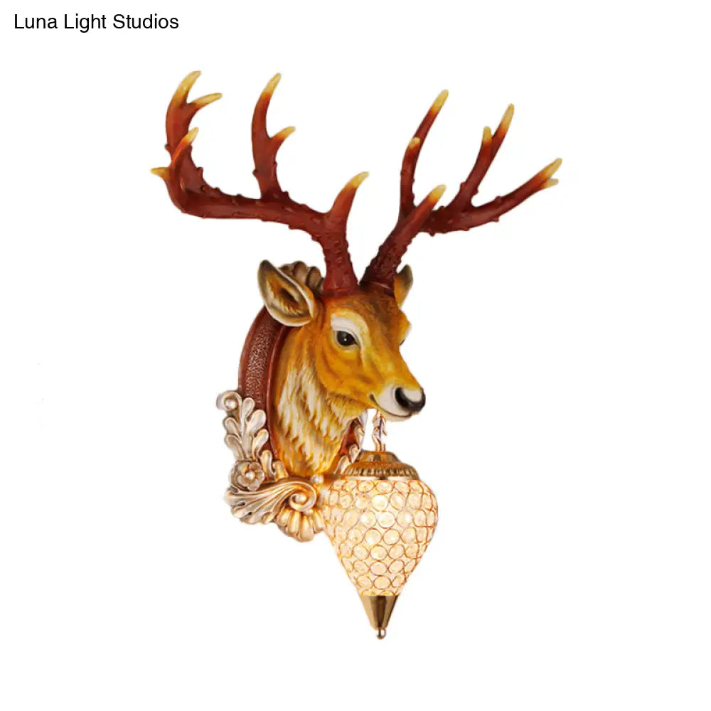 13"/26" Single Resin Wall Light Fixture - Country White/Yellow/Gold - Deer Head Sconce with Crystal Teardrop Shade - Living Room Lamp