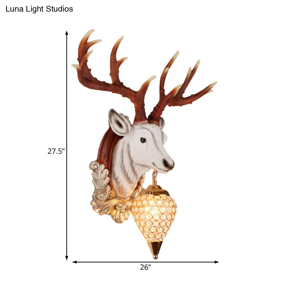 13"/26" Single Resin Wall Light Fixture - Country White/Yellow/Gold - Deer Head Sconce with Crystal Teardrop Shade - Living Room Lamp