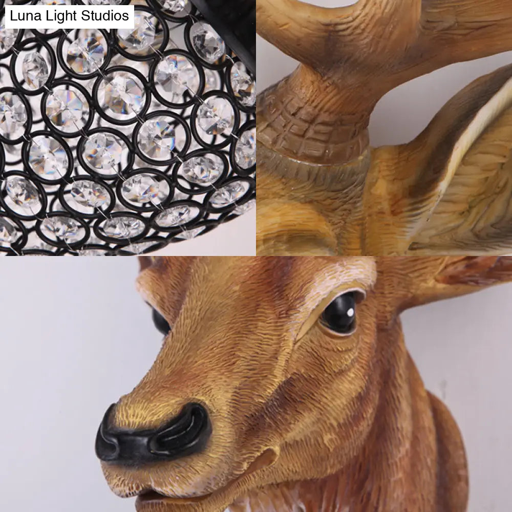 13"/26" Single Resin Wall Light Fixture - Country White/Yellow/Gold - Deer Head Sconce with Crystal Teardrop Shade - Living Room Lamp