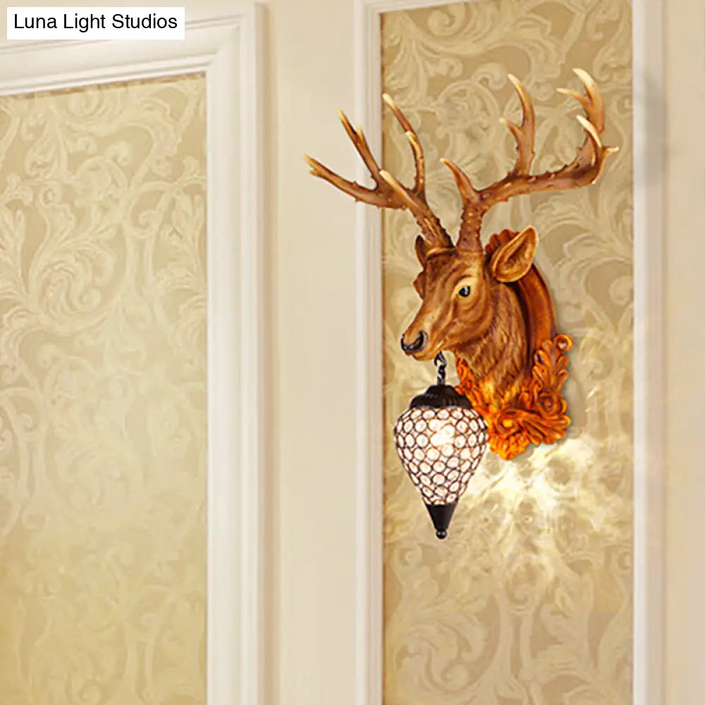 13"/26" Single Resin Wall Light Fixture - Country White/Yellow/Gold - Deer Head Sconce with Crystal Teardrop Shade - Living Room Lamp
